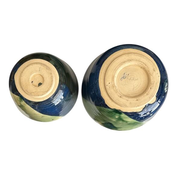 Handmade Signed Blue Green Glazed Bowls Set of 2 - Picture 8 of 10